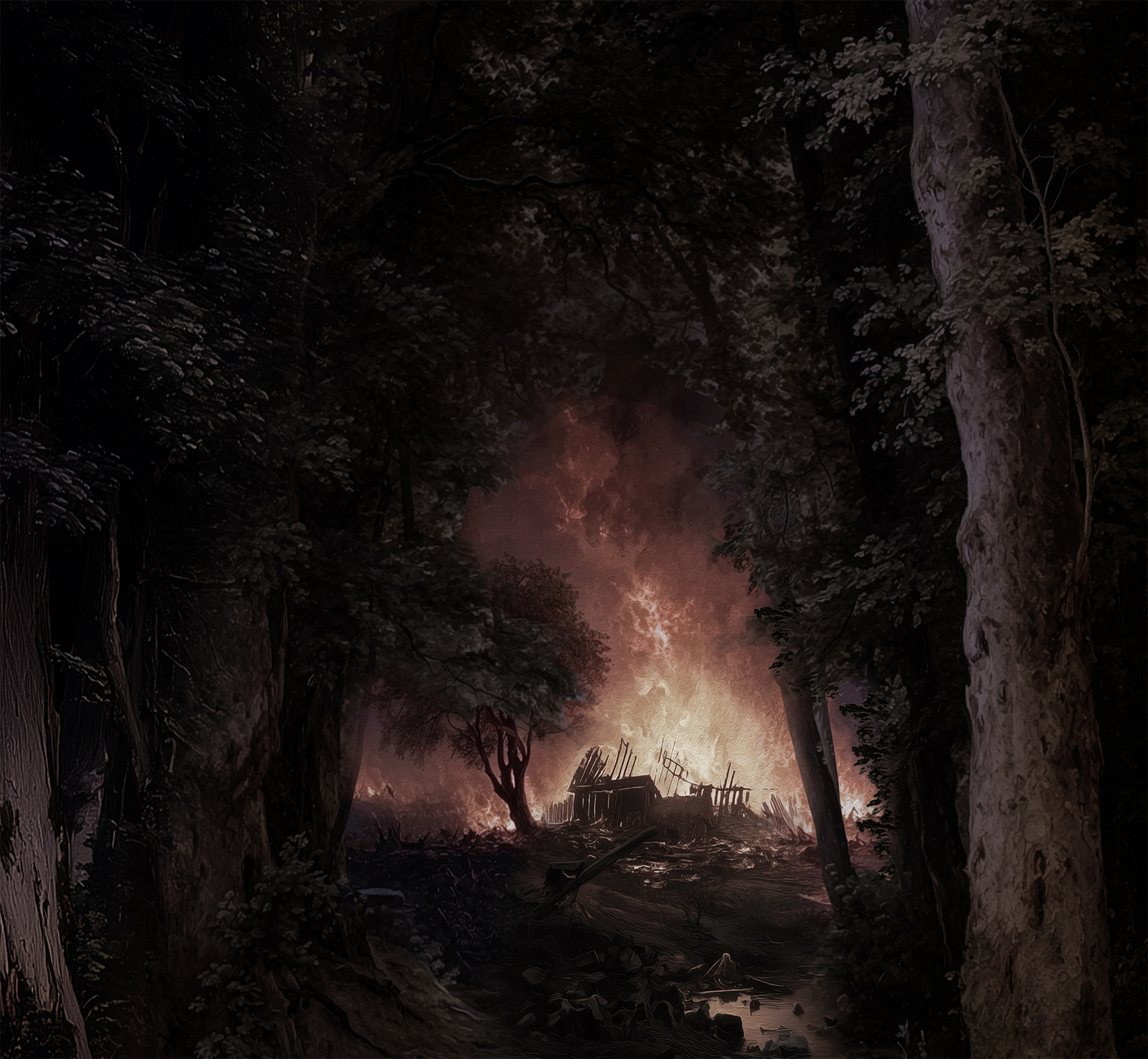 Brændende hus i skov, tegning