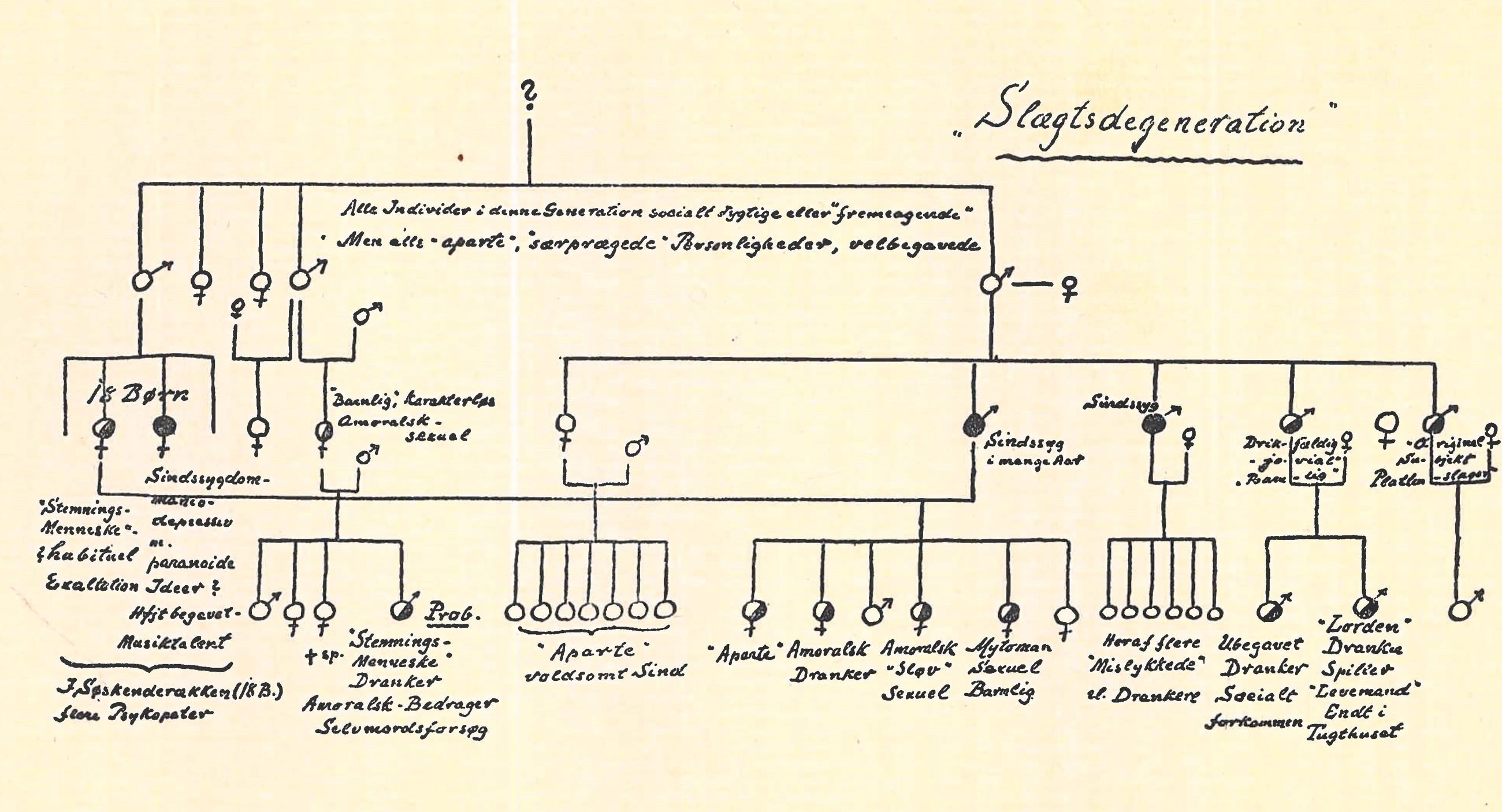 Slægtstavle fra August Wimmers værk 'Sindssygdommenes Arvegang og raceforbedrende Bestræbelser', 1929.
