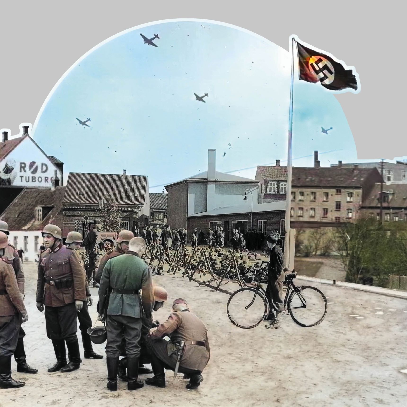 Kollage af farvelagte arkivfotos. Tyske soldater i Vejle