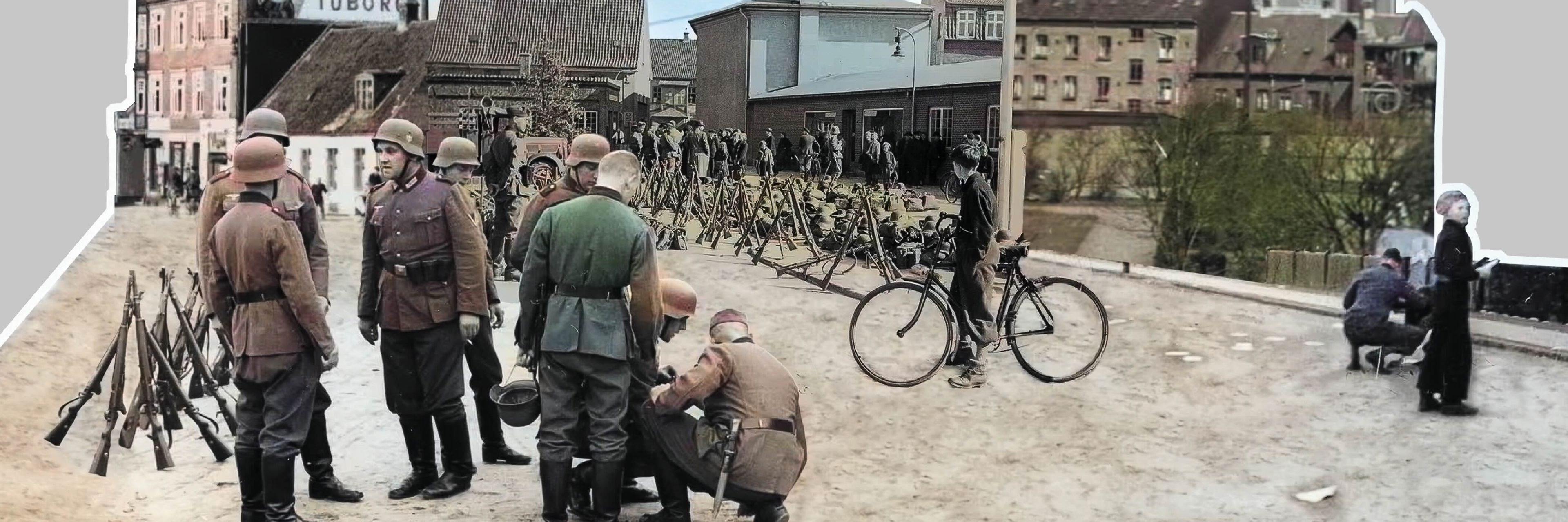 Kollage af farvelagte arkivfotos. Tyske soldater i Vejle