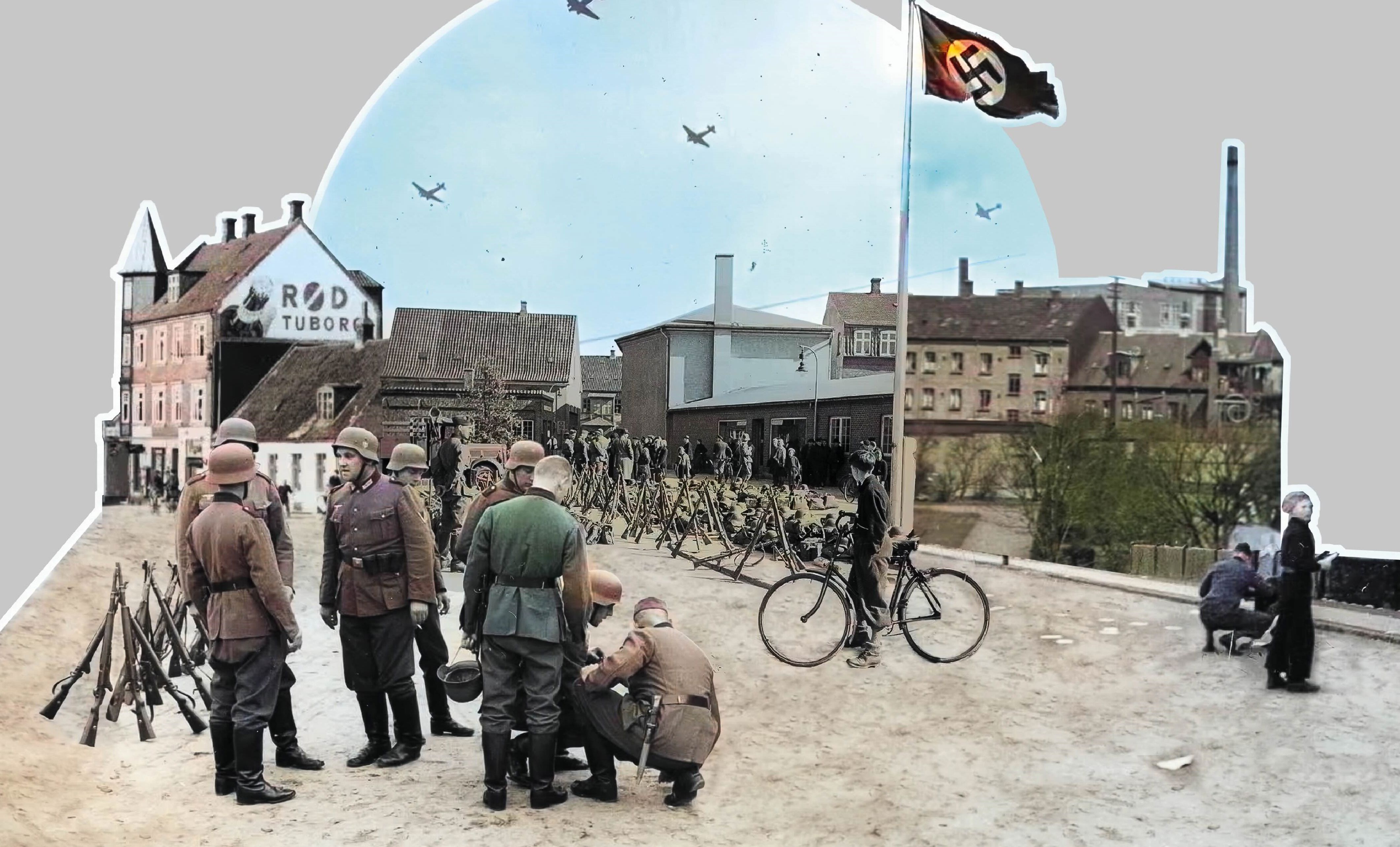 Kollage af farvelagte arkivfotos. Tyske soldater i Vejle