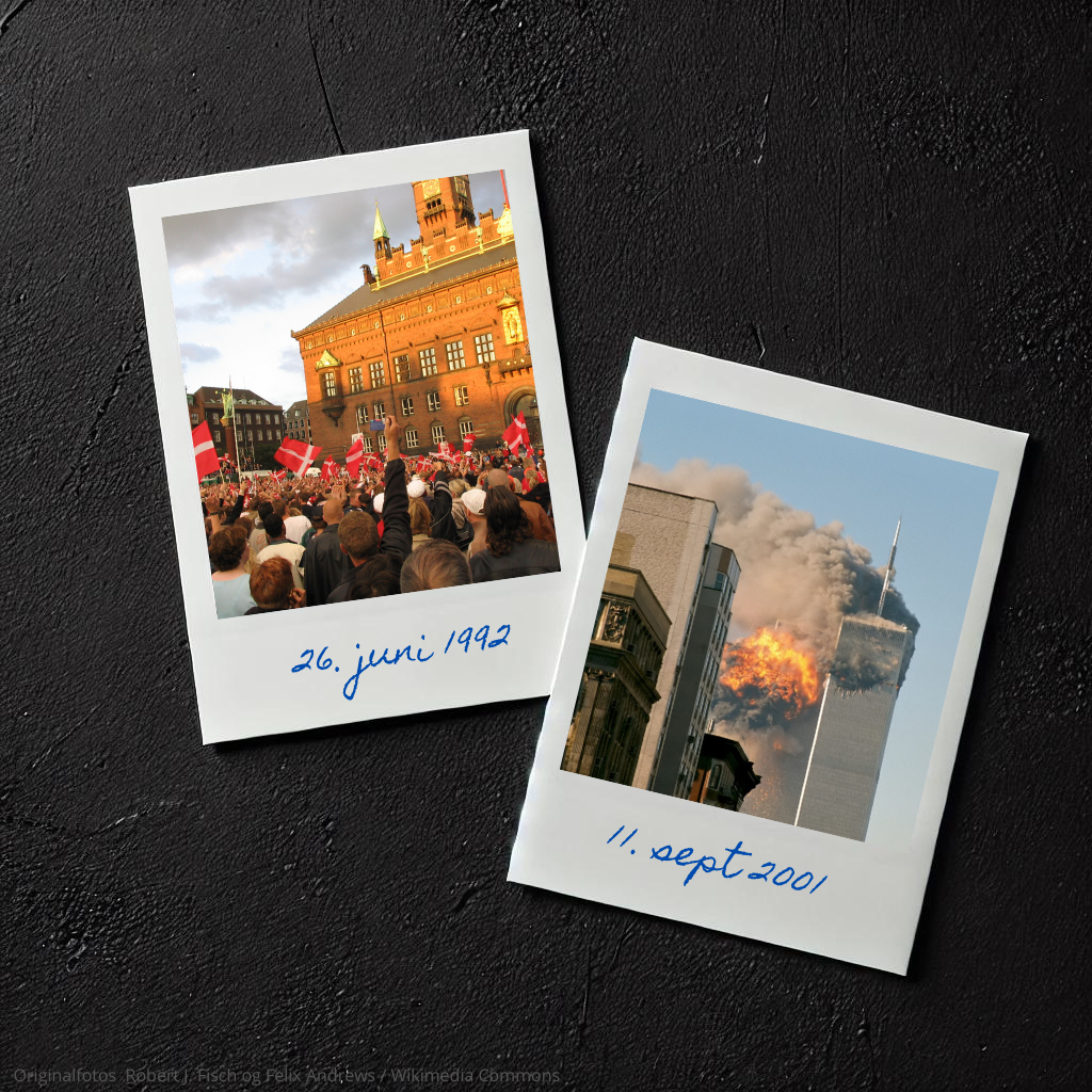 To polaroid-fotos på sort baggrund: 11.sept og fodboldfans på Rådhuspladsen