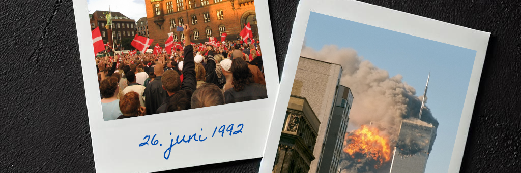 To polaroid-fotos på sort baggrund: 11.sept og fodboldfans på Rådhuspladsen