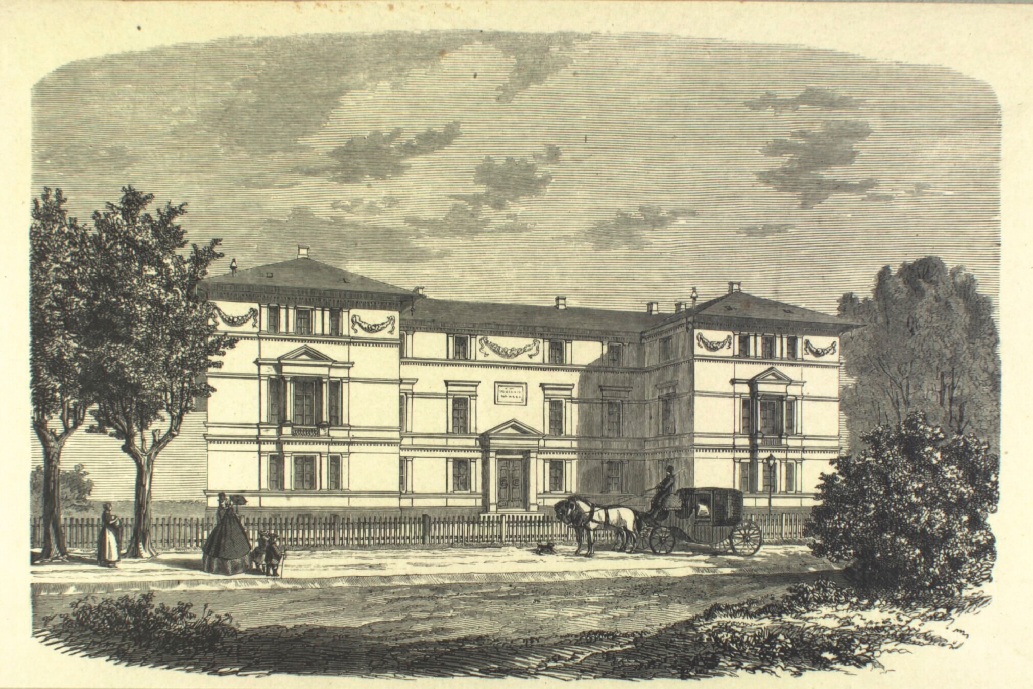 Tegning af ‘Idiotanstalten Gl. Bakkehus’ i København. Foto: Det Kongelige Bibliotek.