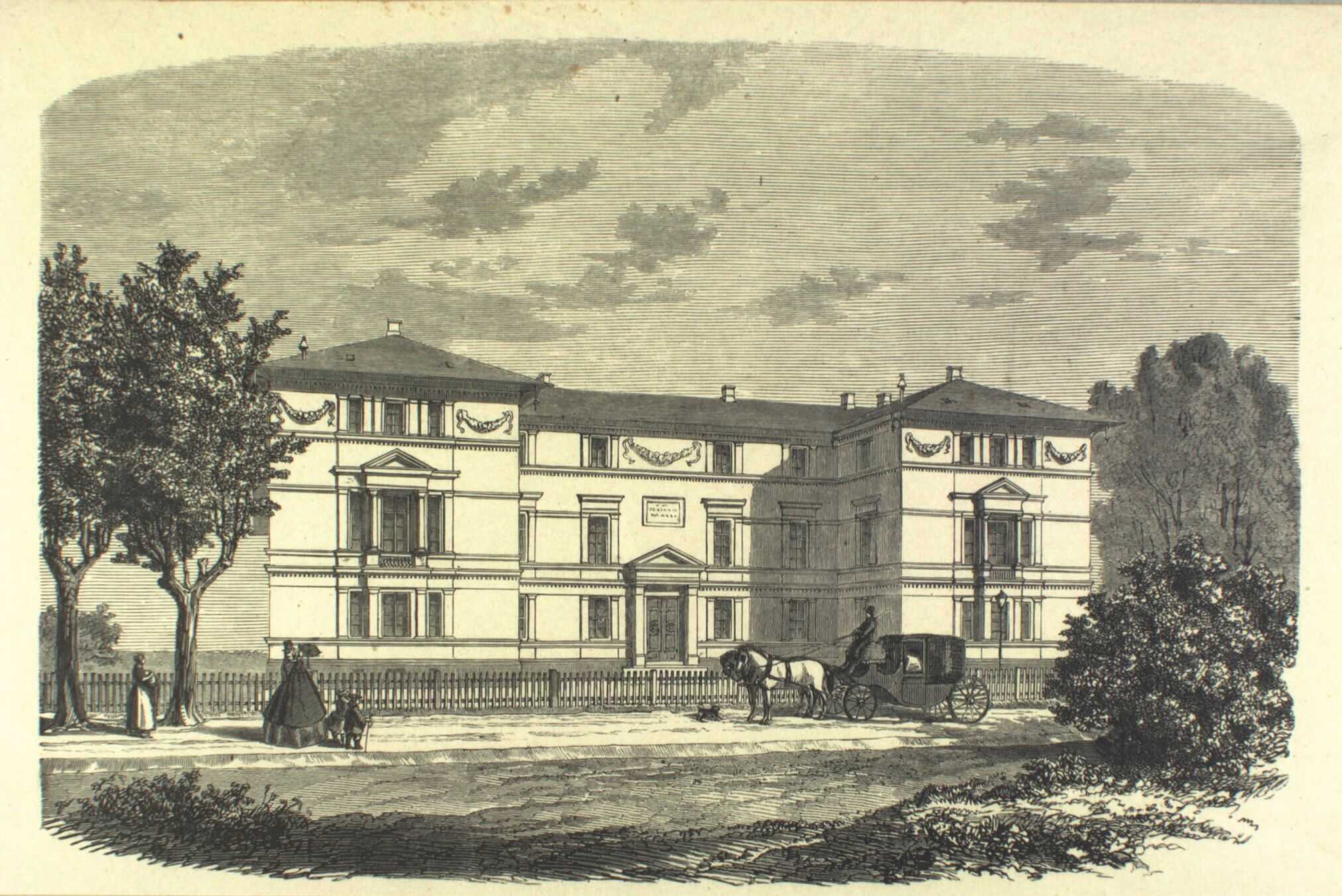 Tegning af ‘Idiotanstalten Gl. Bakkehus’ i København. Foto: Det Kongelige Bibliotek.