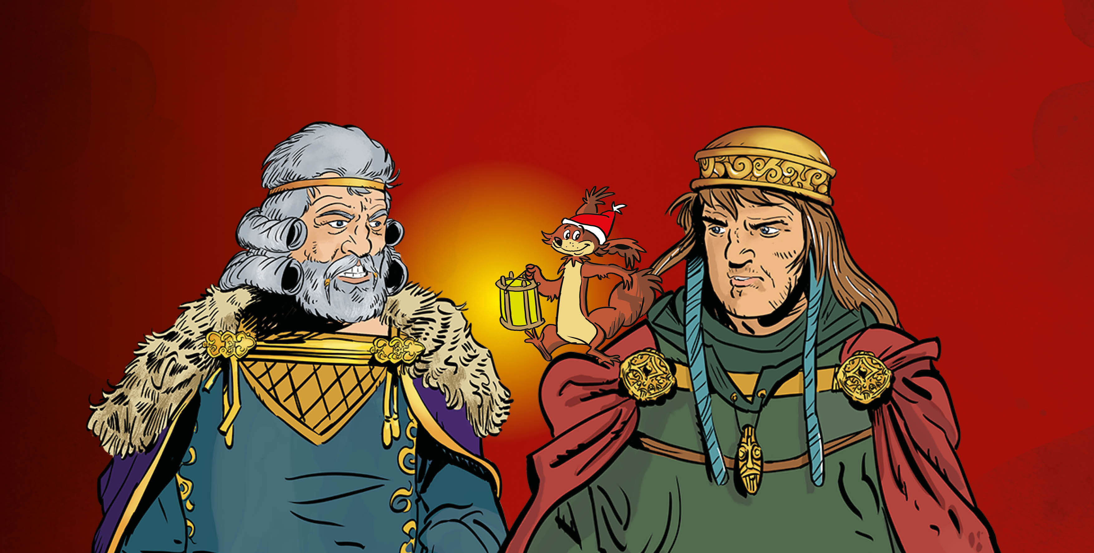 Tegning af to konger og egernet Ratatosk med nissehue