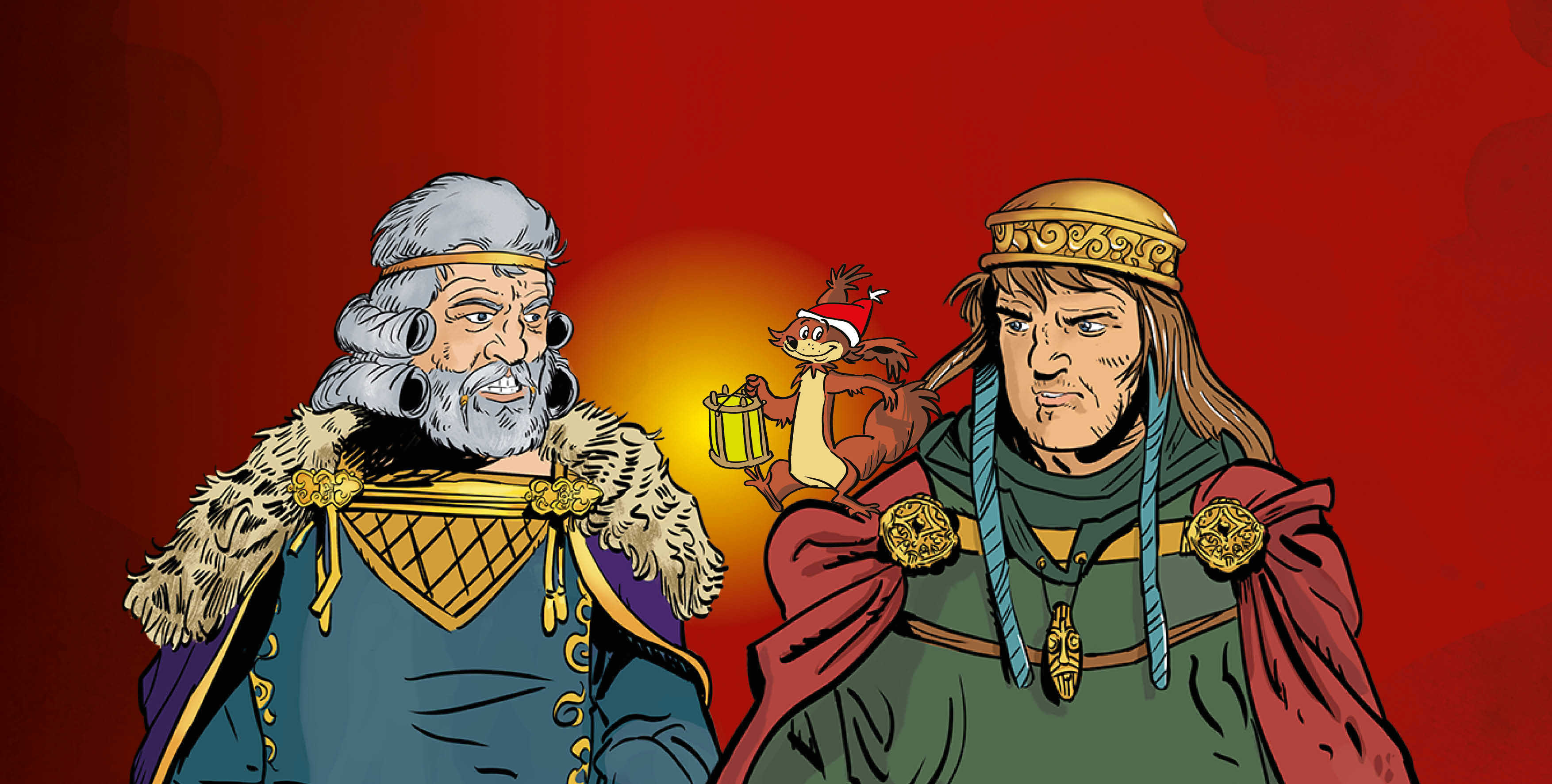 Tegning af to konger og egernet Ratatosk med nissehue